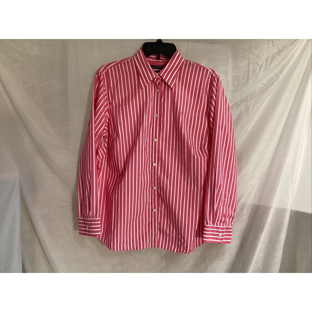 lauren ralph lauren women 1X shirt pink white stripe button down preppy no iron